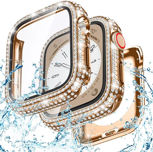 Vista 22 de Goton Funda de 40 mm impermeable con brillo para Apple Watch, protector de pantalla SE 3/2/1, Serie 6/5/4 de 40 mm, parachoques frontal de PC