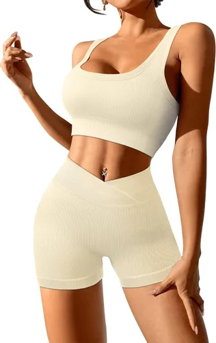 Vista 2 de JZC Conjuntos de entrenamiento para mujer, 2 piezas, acanalados, sin costuras, pantalones cortos de cintura alta, trajes de yoga