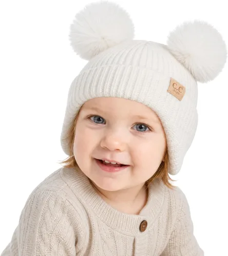 Vista 11 de C.C Gorro de Bebé con Doble Pompón de Piel con Orejeras para Niños y Niñas - Gorro de Punto Skully Cómodo, Suave y Cálido para Bebés, Niños Pequeños