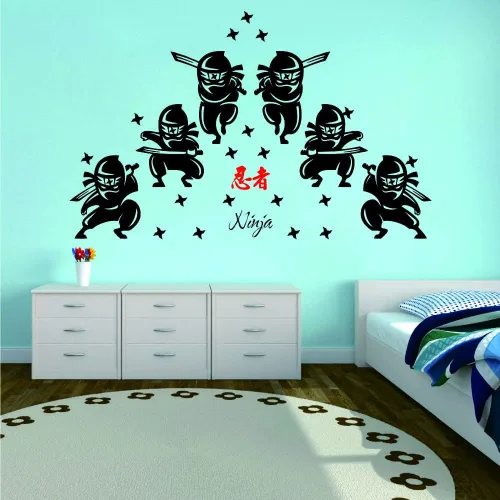Vista 6 de Calcomanías de pared de ninja y samurái, siluetas de guerrero japonés con espadas, calcomanías de PVC extraíbles para habitación de niños, sala