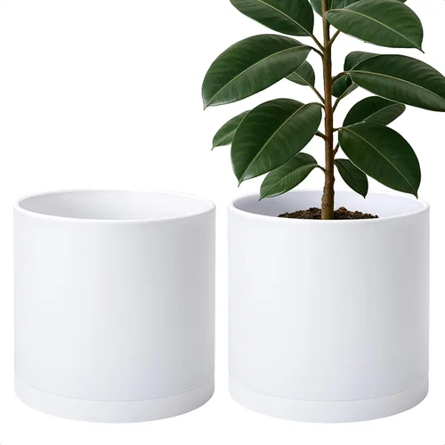 Vista 19 de D'vine Dev - Paquete de 2 macetas de plástico modernas de 4 pulgadas, pequeñas macetas de jardín para plantas con orificios de drenaje y platillos