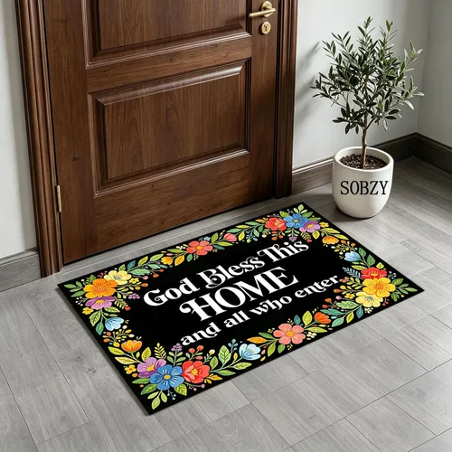 Vista 2 de Felpudo con texto en inglés «Bless This Home and All Who Intre», diseño floral de bienvenida, decoración de baño
