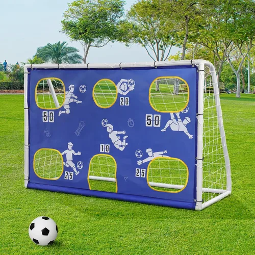 Vista 5 de Juego de portería de fútbol de 6 x 4 pies, equipo de entrenamiento de fútbol portátil 3 en 1 con red de fútbol, balón, blanco y panel de rebote