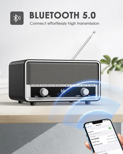Vista 5 de Radio Bluetooth AM FM de madera retro con pantalla de tiempo Negro Ceniza