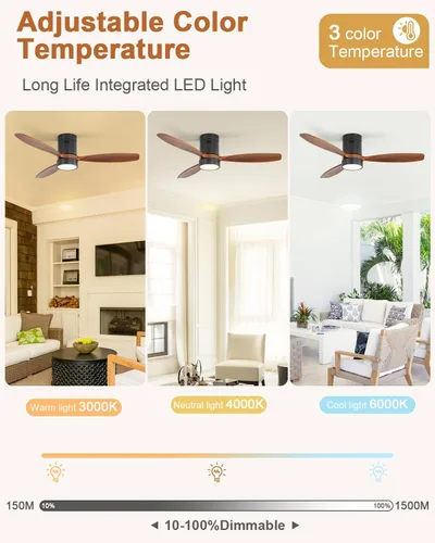 Vista 3 de Sofucor - Ventiladores de techo inteligentes de 52 pulgadas con luz - Modernos ventiladores de techo de madera maciza para exteriores con 3 aspas