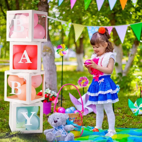 Vista 5 de Cajas de bebé con 4 piezas de letras blancas claras de globos para baby shower y fiesta de cumpleaños