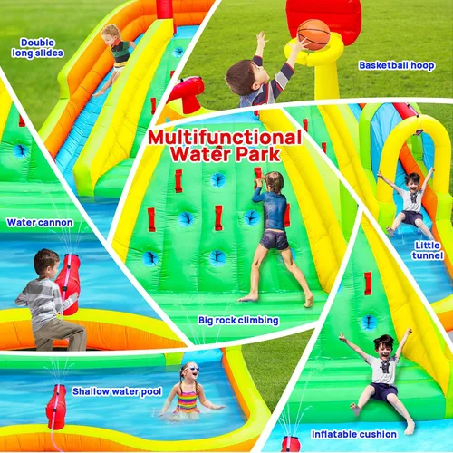 Vista 5 de WELLFUNTIME Parque Inflable de Toboganes de Agua Doble, Casa de Rebote con Pistola de Agua de Arco, Castillo Hinchable con Soplador de Aire
