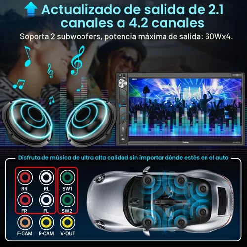 Vista 3 de Estéreo de auto doble DIN con cámara de salpicadero, control de voz Carplay, Android Auto, controles del volante, pantalla táctil HD de 7 pulgadas
