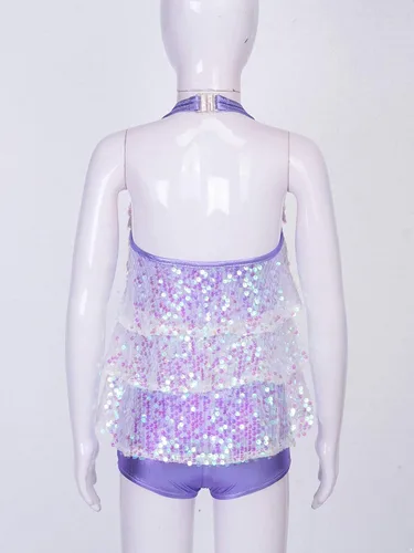 Vista 5 de Vestido de lentejuelas brillantes sin mangas para niñas y niñas, vestido con borlas y jazz latino, trajes de baile de salsa para actuación