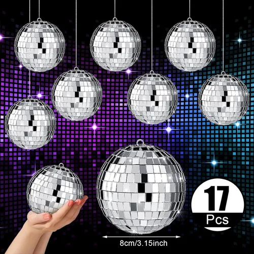 Vista 6 de 17 Piezas de Decoración de Bola de Discoteca: Bolas de Discoteca Colgantes de Espejo de Tamaño Variado Mini y Grande - Adornos de Navidad Plateados