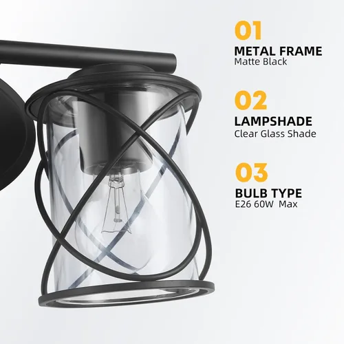 Vista 4 de mavcadonf Luces de Tocador de 2 Luces, Accesorios de Iluminación para Baño Sobre Espejo, Luz de Tocador Negro Mate, Luces de Pared Estilo Granja