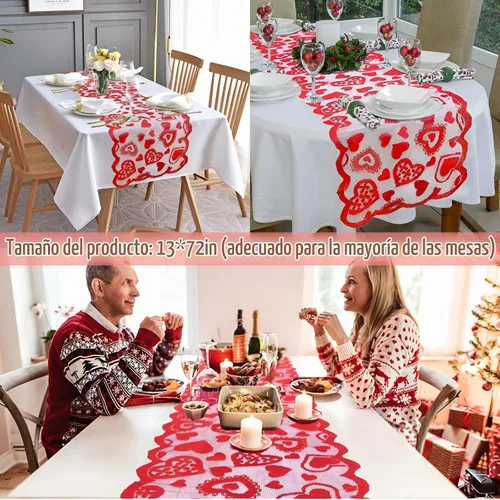 Vista 4 de JOYFISCO Camino de mesa para decoración del día de San Valentín, camino de mesa de encaje con corazón rojo para bodas, decoraciones de San Valentín
