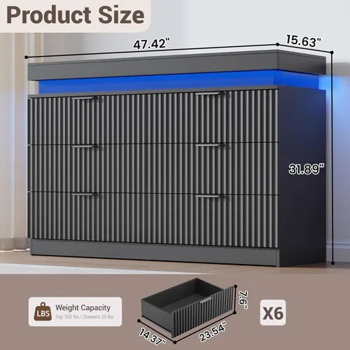 Vista 2 de Cómoda acanalada de 6 cajones para dormitorio con estación de Negro