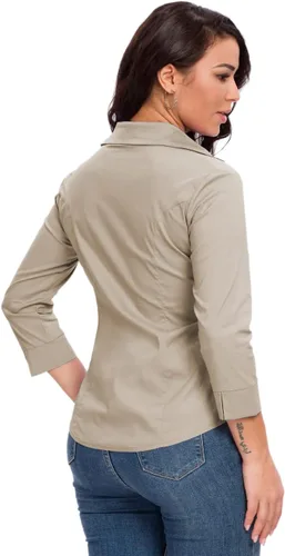 Vista 6 de Camisas con botones para mujer, oficial, formal, manga 3/4, color blanco, elástica, camisa de vestir de verano