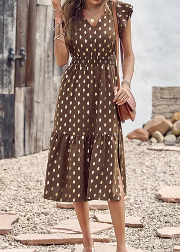 Vista 5 de KIRUNDO Vestido de verano para mujer, con volantes, sin mangas, cuello en V, elegante, con abertura, acampanado, para fiesta en la playa, cóctel