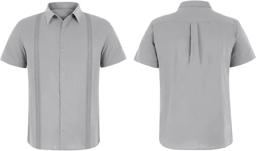 Vista 4 de Hestenve Guayabera - Camisas casuales de lino y algodón con botones de manga corta para hombre, camisa hawaiana cubana de verano, playa, trabajo