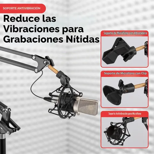 Vista 4 de Pyle Soporte de suspensión para micrófono: soporte de micrófono con brazo de tijera con soporte de choque, filtro pop integrado, extensión máxima