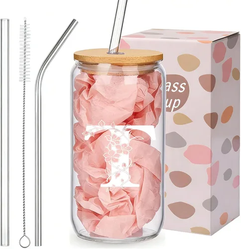 Vista 24 de Regalos personalizados para mujeres, tazas de vidrio con monograma con tapas y pajitas, regalos personalizados para mujeres, vasos de café helado