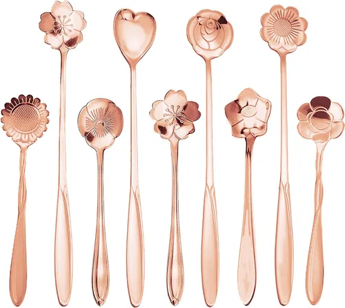 Vista 9 de Juego de 9 cucharas de café con diseño de flores, cucharas de té de acero inoxidable para decoraciones de fiesta de té (dorado)
