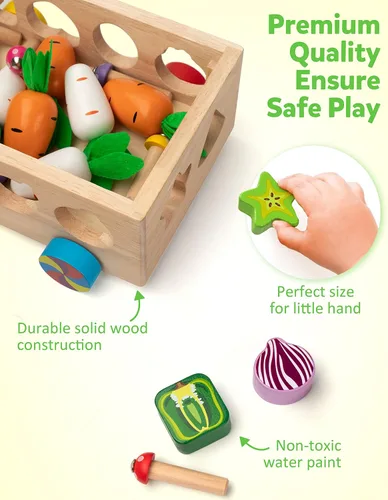 Vista 4 de Coogam Montessori - Juguetes de motricidad fina para bebé pequeño, clasificador de formas de madera, juego de cosecha de zanahorias para relleno