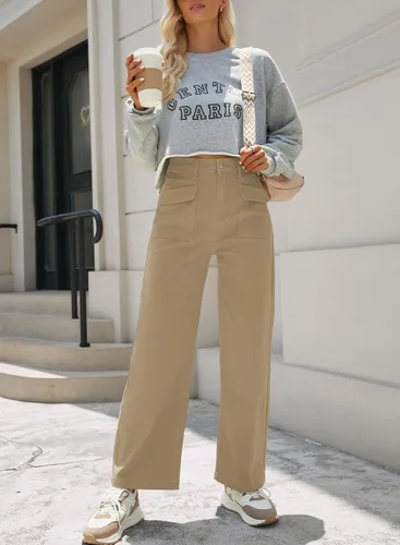 Vista 3 de Dokotoo Pantalones cargo para mujer, holgados, de pierna ancha, cintura alta, pantalones casuales de jean elásticos