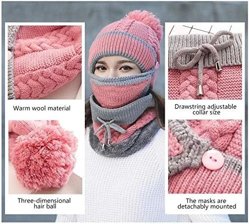 Vista 3 de Juego de 3 piezas de moda para mujer, gorro de punto de invierno grueso de lana con máscara cálida y bufanda para el cuello