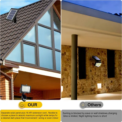 Vista 3 de Robust Solar 80 luces LED de movimiento solares para el exterior, hora ajustable digitalmente y LUX, 2 sensores de movimiento ajustables con ejes