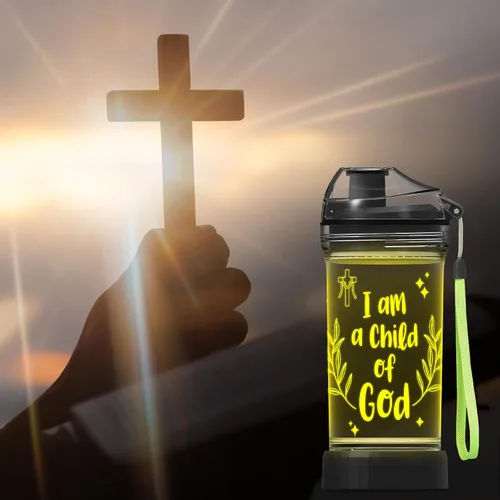 Vista 4 de CoolGift Mart Botella de agua iluminada con diseño "Soy un niño de Dios", taza de bebida de 14 onzas, sin BPA, regalo de bautismo ideal
