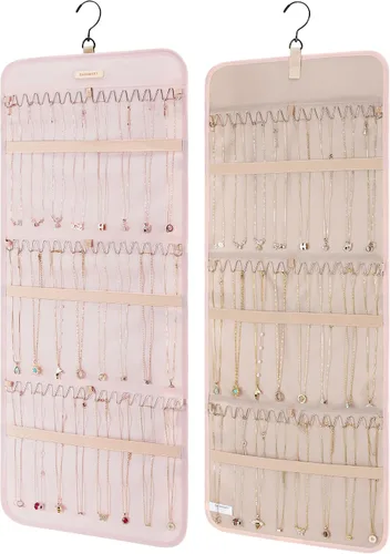 Vista 14 de BAGSMART Organizador de joyas colgante con rollo de almacenamiento y ganchos metálicos de doble cara para aretes, collares, anillos en armario, Negro
