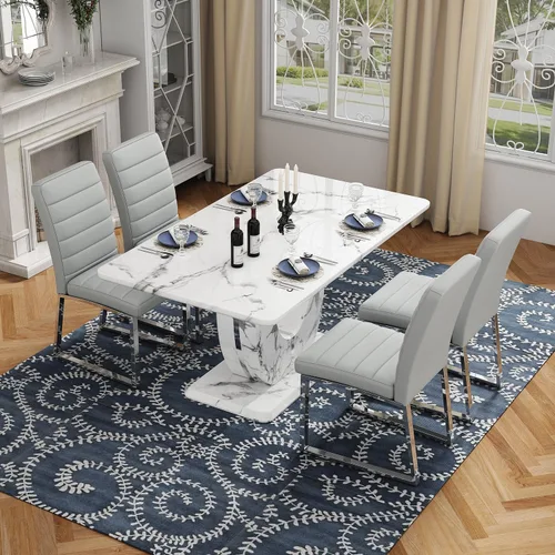 Vista 12 de Moderno juego de mesa de comedor de mármol sintético para 4, mesa de cocina rectangular blanca de 63 pulgadas con elegante base de pedestal