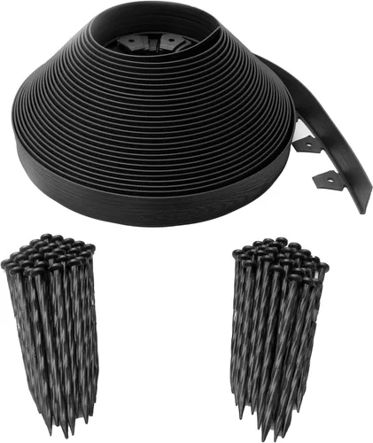 Vista 14 de EasyFlex Borde de jardín de pared alta sin excavación con picos de anclaje, 2.5 pulgadas. Borde de jardín de plástico recto alto con textura de Negro