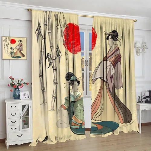 Vista 4 de Cortinas de estilo japonés, Kyoto Geisha Girls Asian Ink Painting - Cortinas de tela de poliéster con estampado de Japón antiguo para dormitorio