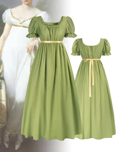 Vista 2 de Vestidos de regencia para mujer con cintura imperio, volantes, manga abombada, vestido largo