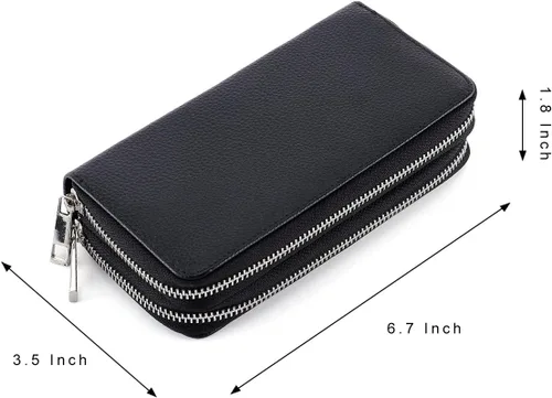Vista 4 de Cartera de pulsera con doble cremallera para mujer, cartera larga para teléfono celular (estria negra Litchi), Negro