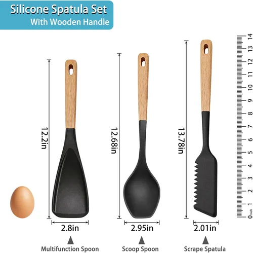 Vista 2 de Juego de espátulas de silicona, 3 espátulas de cocina para utensilios de cocina antiadherentes, cuchara multifunción resistente al calor con mango