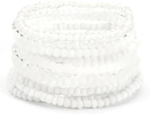 Vista 22 de Caiyao 12 pulseras apilables con cuentas de resina multicapa bohemia, pulseras elásticas de cuentas de cristal de colores, pulseras elásticas