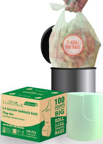 Vista 10 de BEIDOU-PAC Bolsas de basura compostables certificadas de 1.6 galones con asa, 125 bolsas de basura pequeñas de compost para cocina, bolsas de basura