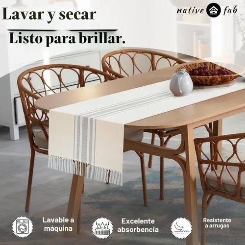 Vista 5 de Native Fab Camino de mesa a rayas grises – Mantel bohemio de 72 pulgadas de largo con borlas – 100% algodón, tejido apretado, mantel antideslizante