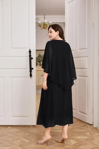 Vista 2 de Hanna Nikole Vestido de fiesta de noche de gasa con cuello en V para mujer, talla grande, manga capa, maxi vestidos para invitados de boda