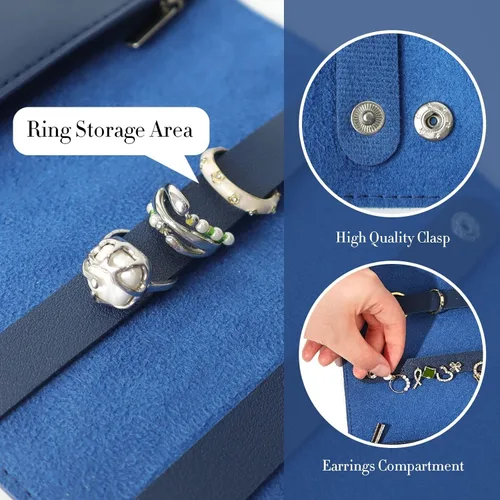 Vista 4 de Fumwase Estuche organizador de joyas de viaje de piel sintética, portátil, bolsa de almacenamiento para aretes, anillos, collares, pulseras, azul