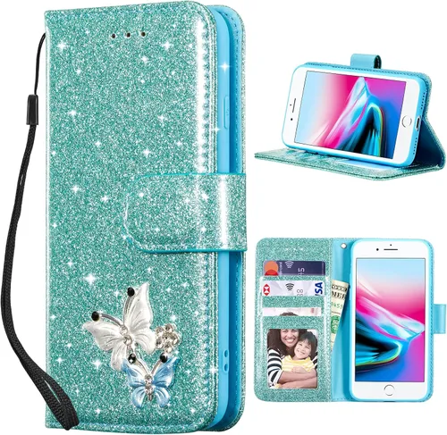 Vista 28 de UEEBAI Funda tipo cartera para iPhone 11, funda de piel sintética con purpurina para teléfono, ranuras para tarjetas, funda con función atril Negro
