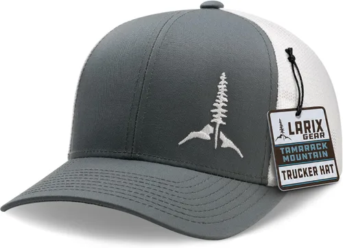 Vista 13 de Larix Hats for Men, Trucker Hat Men, Tamarack Mountain, Mesh Snapback Negro/ Gris