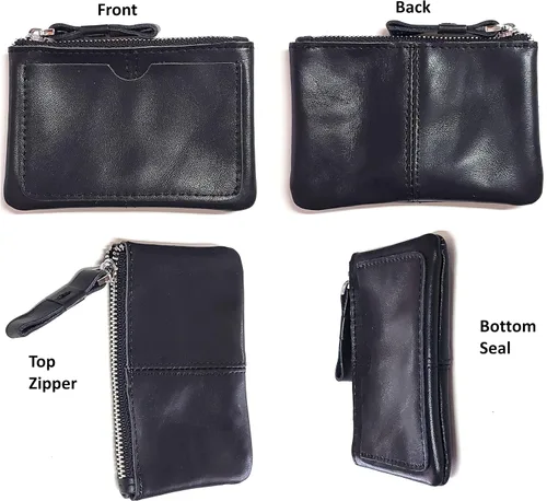 Vista 2 de Monedero de cuero genuino para mujeres y hombres, estilo vintage, cuero de grano de vacuno, delgado, minitarjetero con cremallera de metal con asa