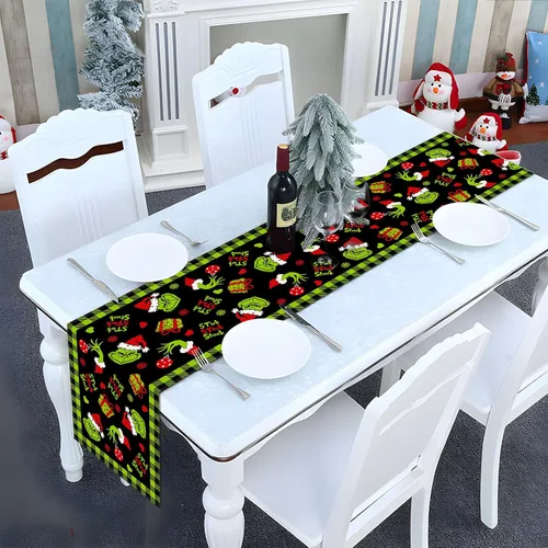 Vista 4 de Pudodo Camino de Mesa Navideño Feliz Navidad a Cuadros Búfalo Decoración de Fiesta de Vacaciones de Invierno Chimenea Cocina Comedor Decoración