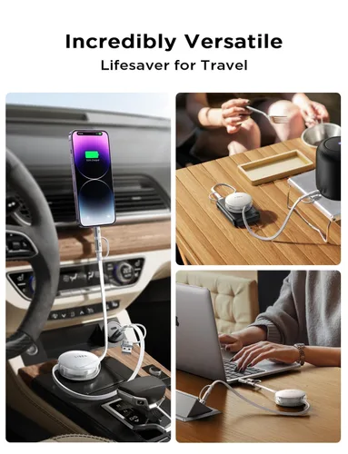 Vista 6 de LISEN 5 en 1 Cable retráctil 60W Cable de carga múltiple para múltiples dispositivos Puertos USB-C/A/L, cargadores retráctiles para iPhone