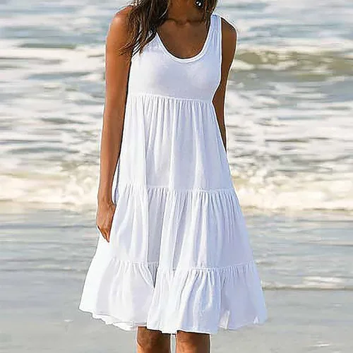 Vista 4 de Lisgai Vestido de verano para mujer, sin mangas, acampanado, cuello redondo, mini vestido liso, degradado, suelto, corto, plisado, vestido de verano