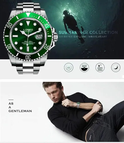 Vista 6 de LOREO Reloj automático para hombre de acero inoxidable plateado con bisel giratorio negro