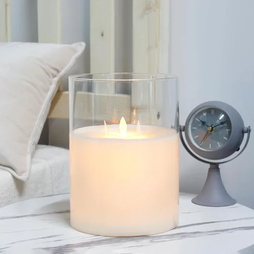 Vista 4 de JHY DESIGN Velas de cristal sin llama de 3 mechas de 8 pulgadas de alto operadas por batería con llama danzante parpadeante LED velas tipo pilar