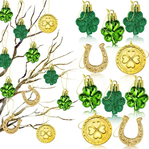 Vista 8 de Juego de adornos de tréboles del día de San Patricio, 48 piezas de trébol de la buena suerte, adornos colgantes decorativos de trébol verde