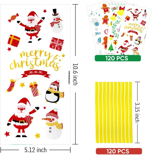 Vista 3 de ZMCINER 120 bolsas de dulces de celofán de Navidad, bolsas de regalo de Navidad con lazos giratorios para suministros de fiesta de Navidad